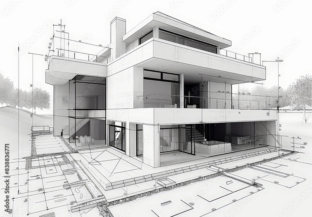 Poster Wireframe rendering of a contemporary house with technical details