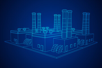 Naklejka premium Industrial factory. Plant or Factory Building. Manufacturing building. Wireframe low poly mesh vector illustration.