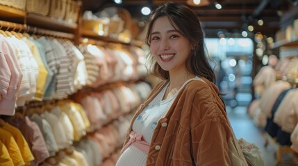 Fototapeta premium Young Japanese Pregnant Mother Shopping for Baby Clothes with a Bright Smile at Modern Store.