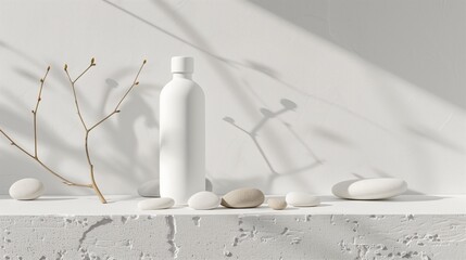 Minimalist Style Photo: Sleek White Bottle on White Ledge with Concrete Block Fragments, Stones, Beige Rock, and Branch on Light Gray Background in Ultra High Definition