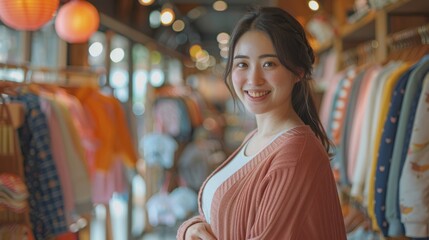 Obraz premium Young Japanese Pregnant Mother Shopping for Baby Clothes with a Bright Smile at Modern Store.