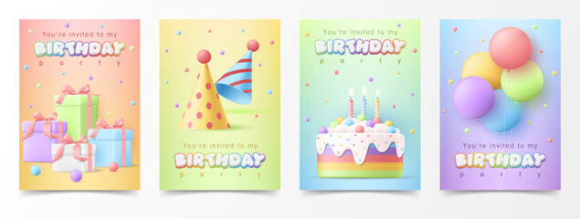 Obraz premium Set of 3d kid birthday invitation greeting card template. Birthday anniversary and kids party with cake, colorful balloon, gift box and party hat on rainbow background for children poster, wallpaper