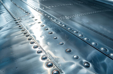Fototapeta premium Detailed view of an aluminum airplane wing, emphasizing its lightweight and durable properties vital in modern aviation.. AI generated.