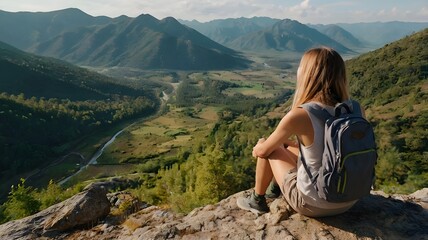 Naklejka premium A young woman traveling and taking in the stunning view of the valley from the top of a mountain