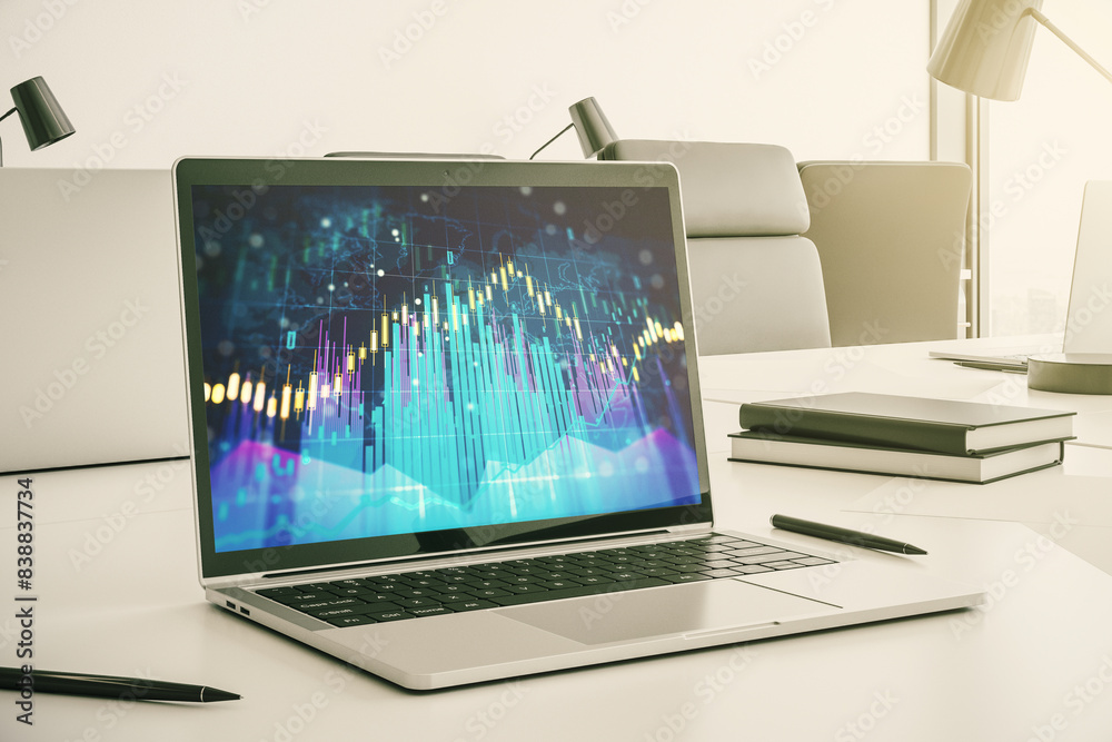 Poster abstract creative financial graph on modern laptop monitor, forex and investment concept. 3d renderi