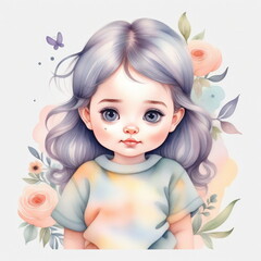 Charming young girl with long, wavy hair adorned with a colorful flower smiles sweetly