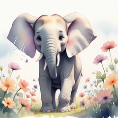 Elephant standing among colorful flowers in a field
