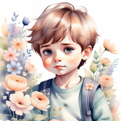 Young boy with a backpack stands in a garden filled with blooming flowers under a clear, sunny sky, evoking a peaceful and serene atmosphere