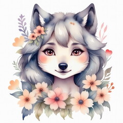 Anthropomorphic wolf with silver fur and expressive eyes is adorned with a crown of pastel flowers