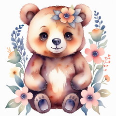 Charming cartoon bear standing with a flowers, encircled by various colorful pastel flowers