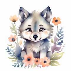 Adorable wolf pup with blue eyes and blush cheeks is surrounded by colorful flowers. The pup has a joyful expression