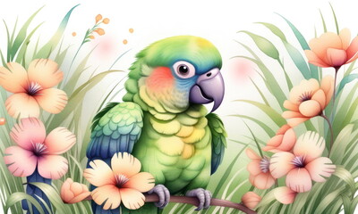Vibrant parrot with multicolored feathers perches on a branch among blooming hibiscus flowers