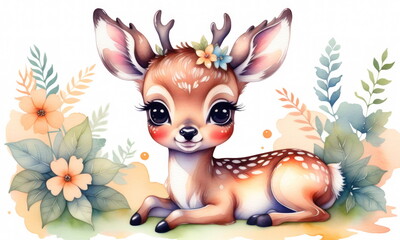 Cartoon fawn with a flower behind its ear lies peacefully among blooming flowers and leaves in a serene, daytime setting