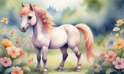 White pony with a pink mane and floral decoration stands amidst colorful flowers in a vibrant garden, bathed in the soft morning light