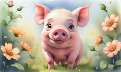 Piglet stands cheerfully amidst vibrant flowers, capturing the essence of joy and nature on a sunny spring day