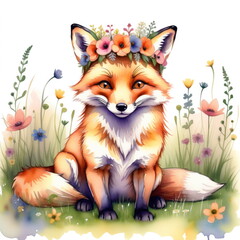 Watercolor illustration of a red fox with a flower crown sitting in a field of wildflowers