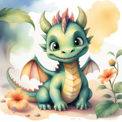 Happy baby dragon is sitting among flowers in a vibrant garden. The dragon looks friendly with big eyes and small wings, enjoying the sunny weather