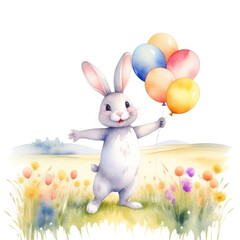 Watercolor illustration of a white rabbit holding a bunch of colorful balloons in a grassy field