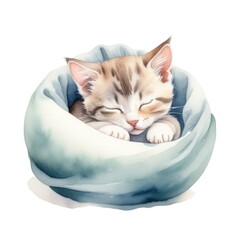 Watercolor illustration of a cute, small kitten curled up and sleeping peacefully in a soft, blue fabric nest