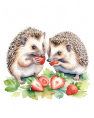 Watercolor painting of two hedgehogs sharing a strawberry in a green leafy forest setting