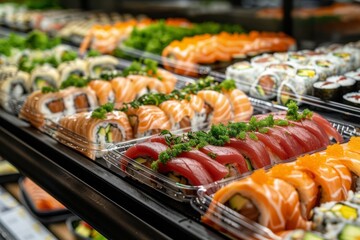 Freshly made sushi and sashimi in a high-end grocery store display