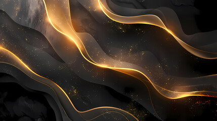 Abstract golden wave lines over a black background with sparkles, creating a luxurious and dynamic visual effect.