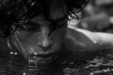 A black-and-white portrait of a young, handsome Caucasian man with dark curly hair, his face touching the water, with reflections of the water on his face.