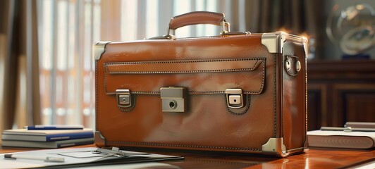 Business briefcase on a desk, high-definition, soft natural light, close-up shot, detailed leather and handle, professional and organized