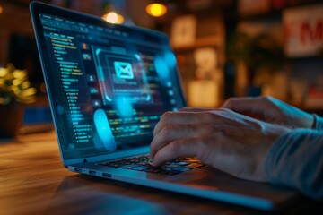 A person using a laptop with a secure email app displaying encrypted messages