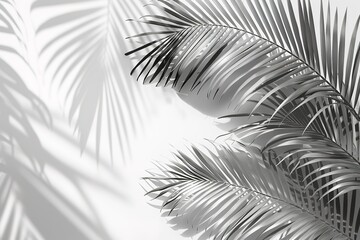 Monochrome palm leaves with shadow effect on white backdrop