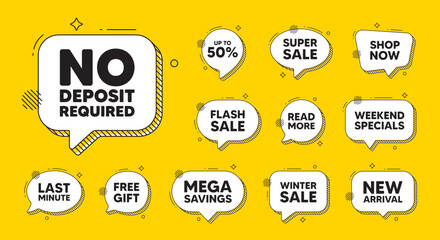 Obraz premium Offer speech bubble icons. No deposit required tag. Promo offer sign. Advertising promotion symbol. No deposit required chat offer. Speech bubble discount banner. Text box balloon. Vector