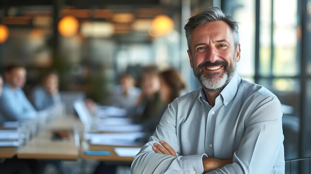 Smiling CEO at Networking Event in Blurred Social, Smiling CEO, networking event, blurred social.