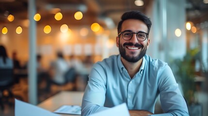 Fototapeta premium Smiling CEO at Networking Event in Blurred Social, Smiling CEO, networking event, blurred social.