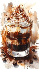 Delicious iced coffee with whipped cream and drizzled chocolate syrup in a clear glass, surrounded by coffee beans in a watercolor style.