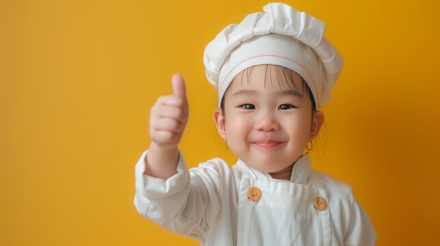 Adorable little chef giving a thumbs up in a white uniform and chef's hat against a vibrant yellow background.