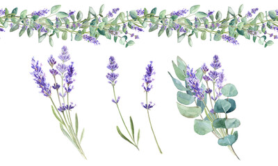 Fototapeta premium Watercolor vintage floral bouquet, seamless border with hand-drawn lavender and eucalyptus. Ideal for wedding invitations, stationery, cards, greetings