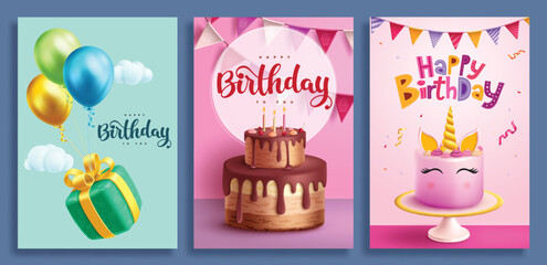 Birthday greeting card vector poster set design. Happy birthday greeting text with gift box floating balloons, chocolate and unicorn strawberry cake for invitation card collection. Vector illustration © AmazeinDesign