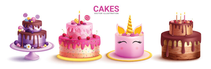 Birthday cake elements vector design. Cakes blueberry, strawberry, pink unicorn and chocolate flavors for sweet dessert party celebration element collection. Vector illustration birthday cakes collect