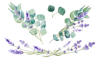 Watercolor vintage floral bouquet with hand-drawn lavender and eucalyptus. Ideal for wedding invitations, stationery, cards, greetings