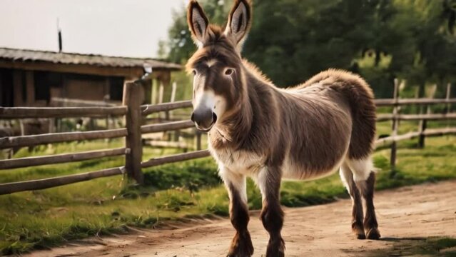 Cute donkey on farm on sunny day