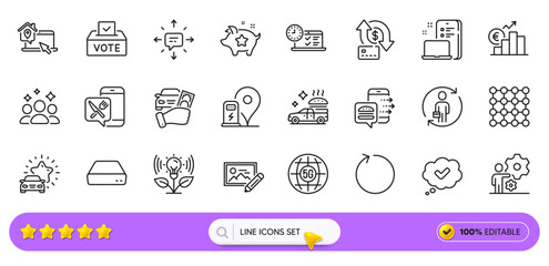 Photo edit, Approved and Food app line icons for web app. Pack of 5g internet, Vote box, Loop pictogram icons. Job, Food delivery, Money transfer signs. Replacement, Sms, Charging station. Vector