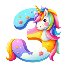 Naklejka premium Colorful unicorn illustration forming the number 3, featuring rainbow hues, stars, and flowers, perfect for children's decor and design.