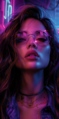 Obraz premium A woman with long hair and glasses is wearing a necklace and a bracelet. She is standing in a neon-lit room