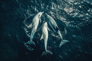 Fototapeta premium Topview drone shot, a scene of playful dolphins soaring above breaking waves, embodying the essence of sea life and the splendor of marine animals in their natural environment.