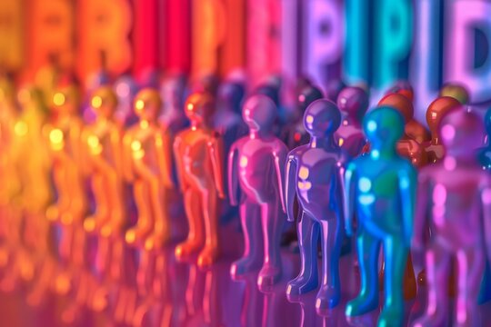 Artistic representation of Pride with rainbow-colored figurines, symbolizing diversity, inclusivity, and unity in a vibrant and creative design.