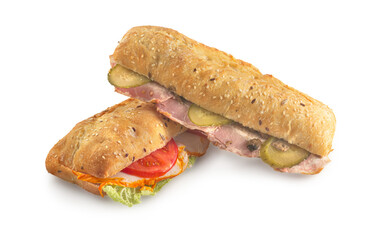 Big appetizing fast food baguette sandwich with lettuce, tomato, smoked ham and cheese isolated on white background.