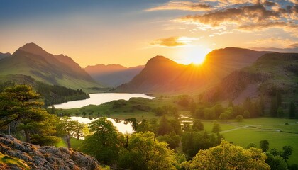 summer sunset over the smoky eage of the langdale pikes
