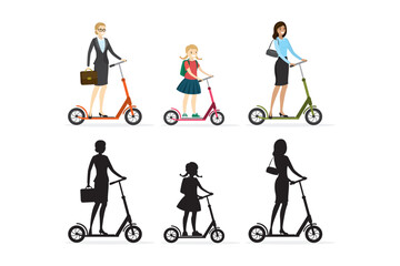 Collection of female characters riding scooters isolated on white background. Set of women on personal electric vehicles and black silhouettes. Businesswoman on kick scooter.