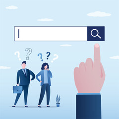 Business people have problem finding information, big hand of business teacher or mentor points to search bar. Assistance in training in data search and analysis. web browsing.