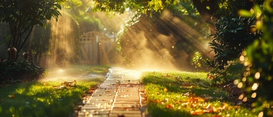 Fototapeta premium A refreshing spray of mist from a garden sprinkler on a warm afternoon